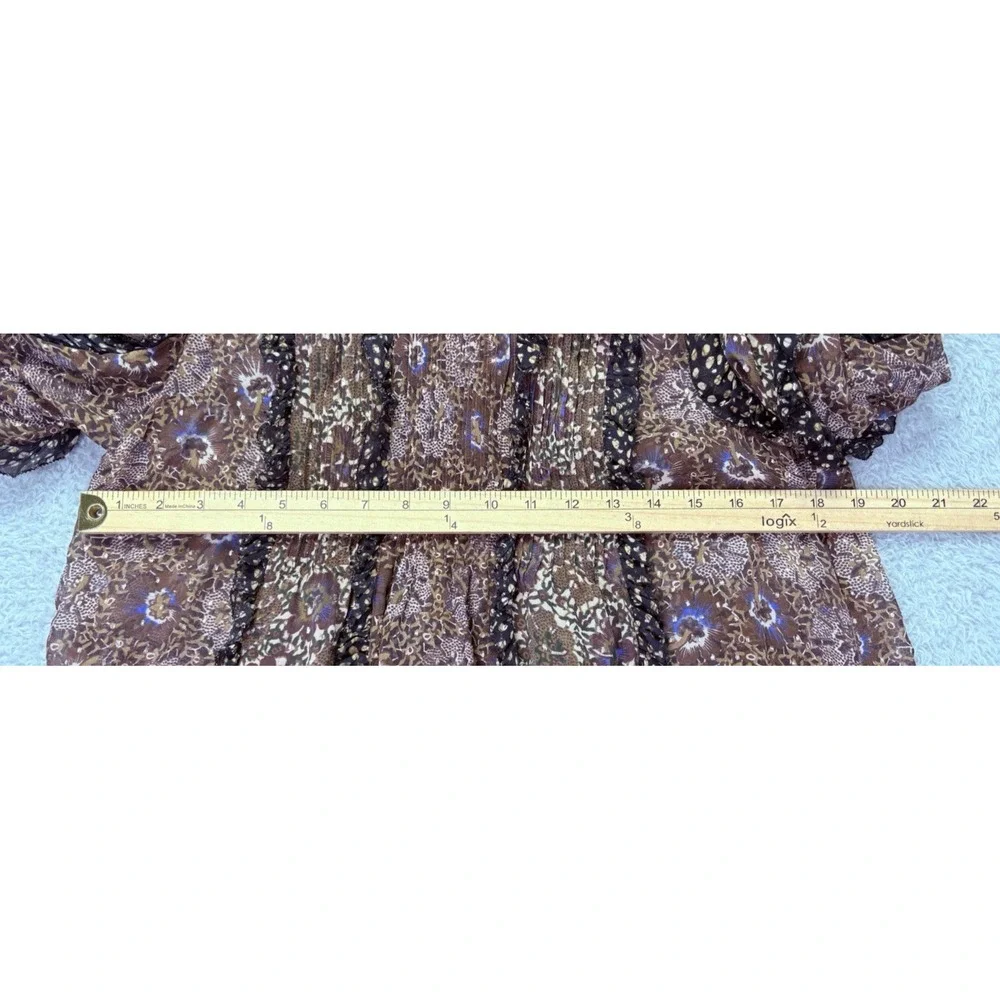 Ulla Johnson Womens 4 Silk Chiffon Blouse Metallic Floral Smocked Ruffle Boho